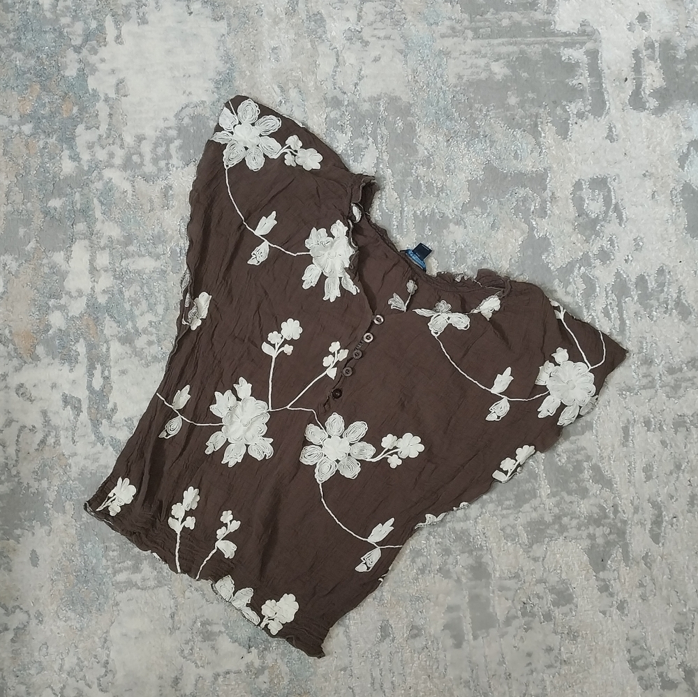 Brown Floral Peasant Top